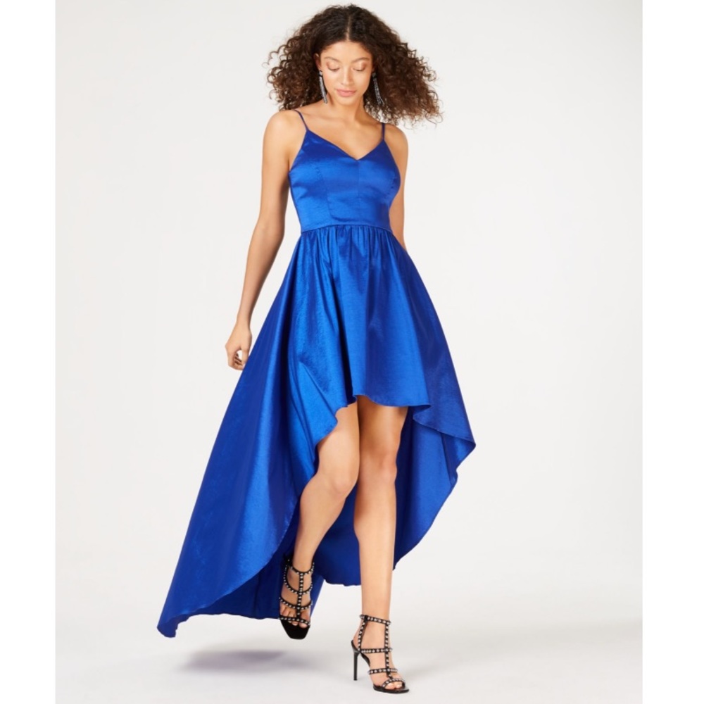 B. Darlin Blue Spaghetti Strap V Neck Above The Knee Formal Hi-Lo Dress